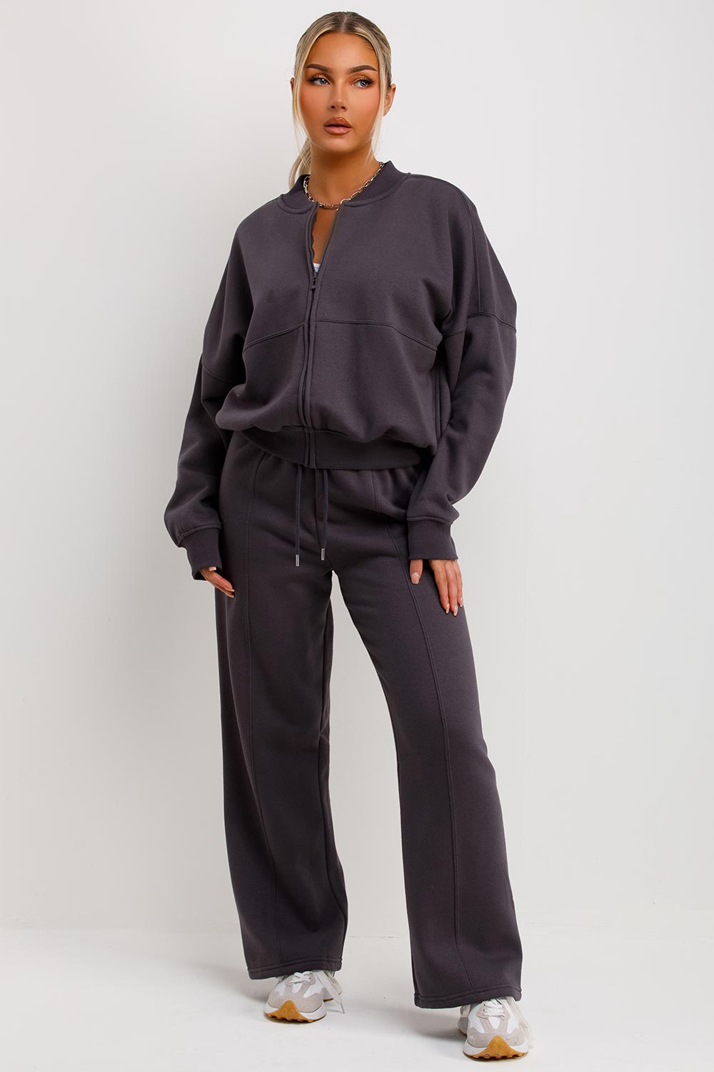 womens bomber sweatshirt with zip and straight leg joggers loungewear set tracksuit