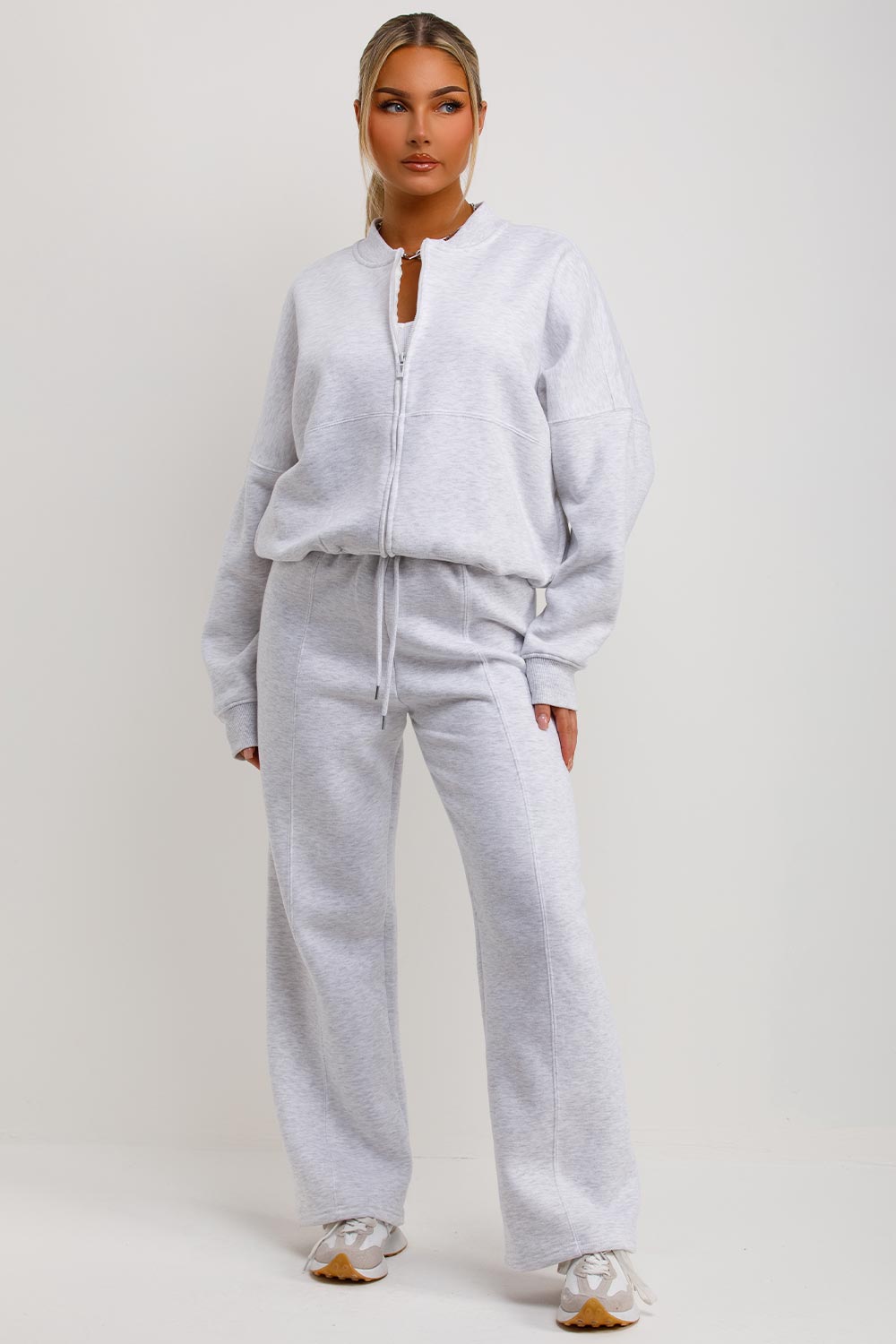 womens bomber sweatshirt with zip and straight leg joggers tracksuit set loungewear co ord