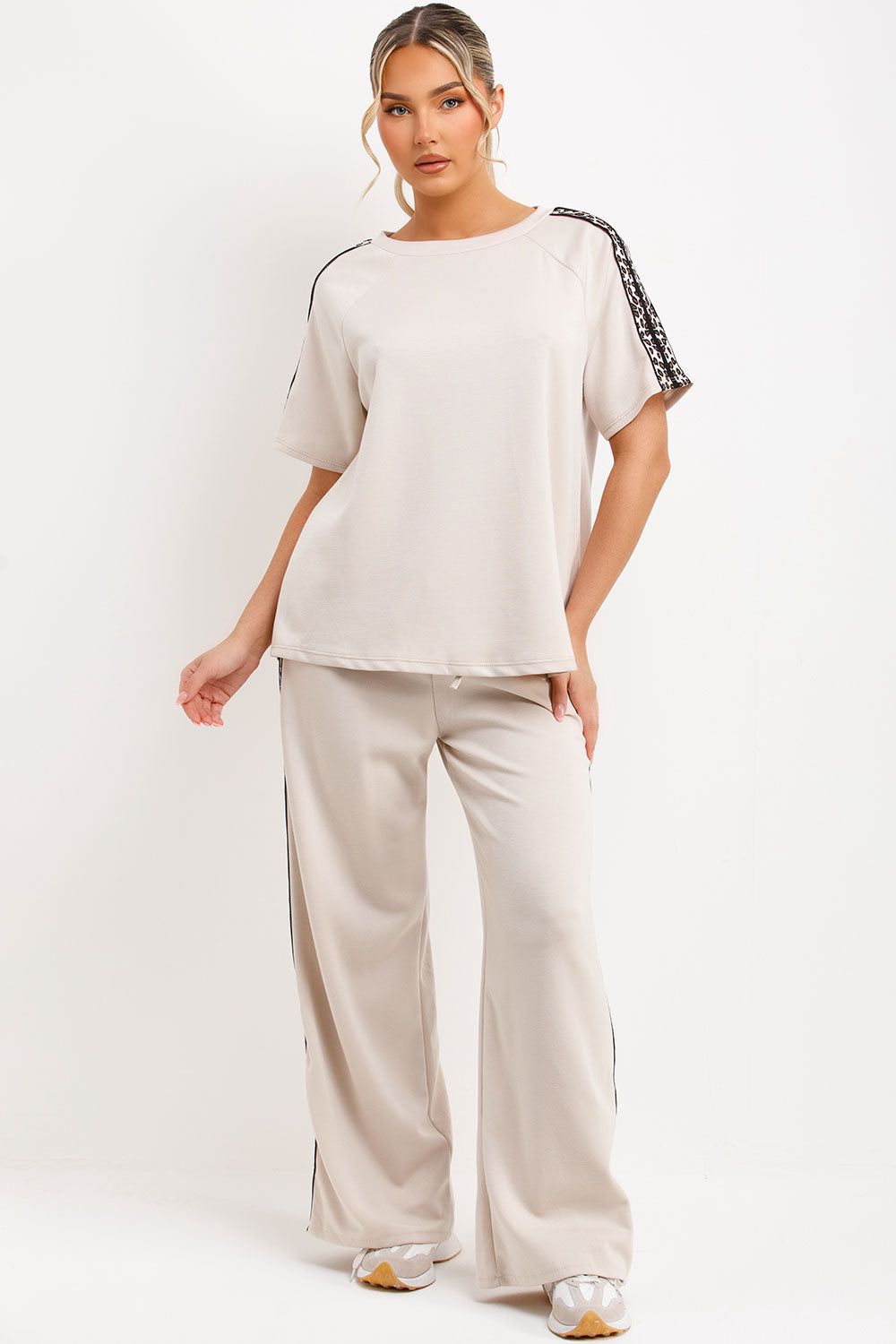 leopard print side stripe top and wide leg trousers loungewear set