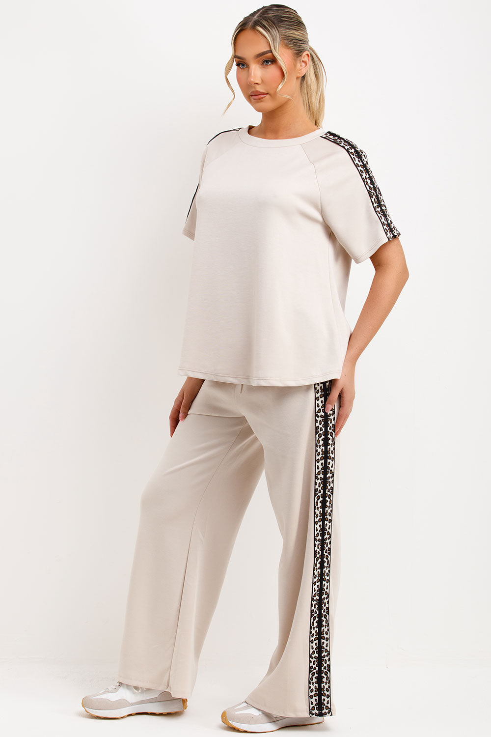 leopard print side stripe wide leg trousers and top co ord set womens loungewear styledup