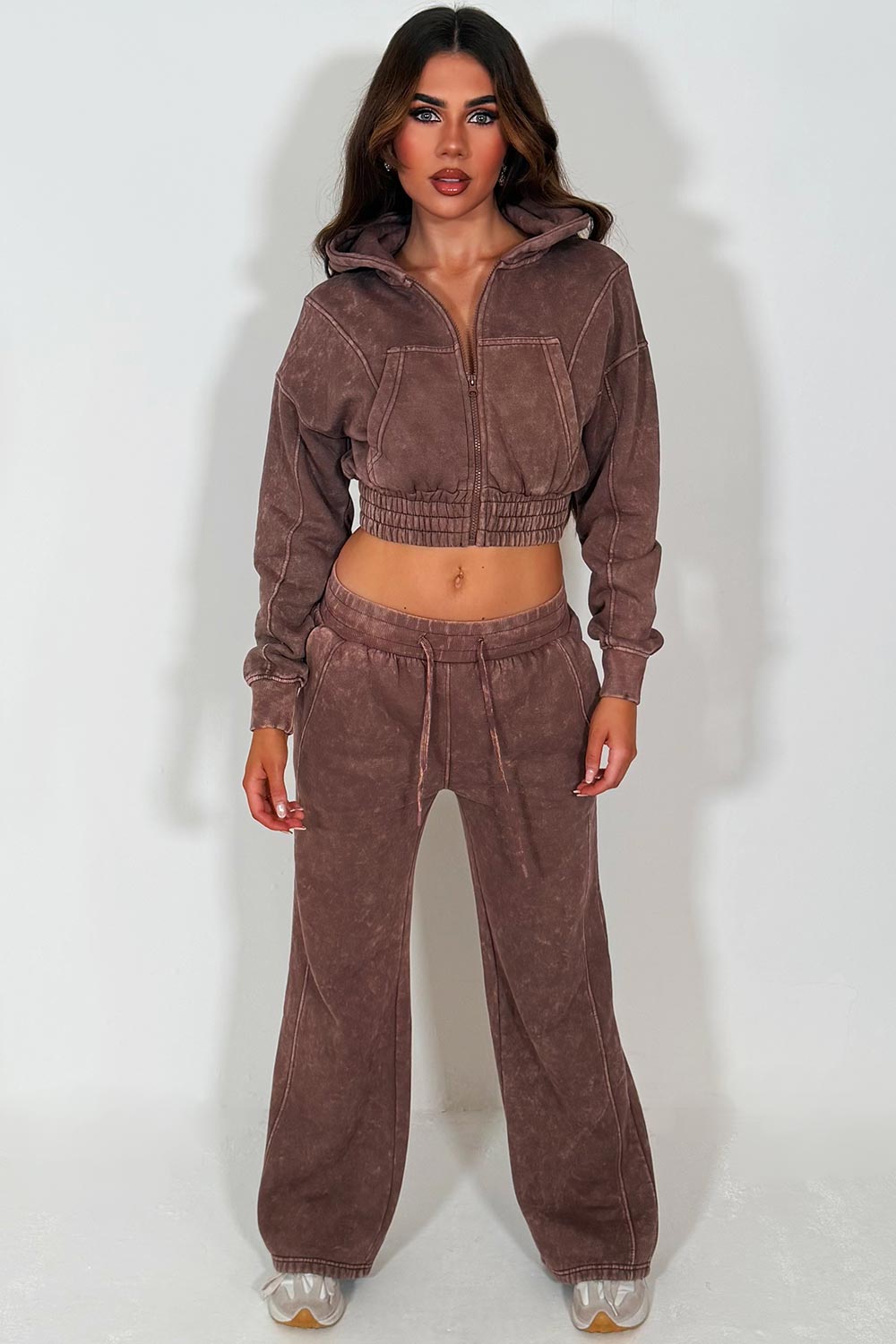 womens crop zip up hoodie and wide leg joggers tracksuit loungewear co ord styledup