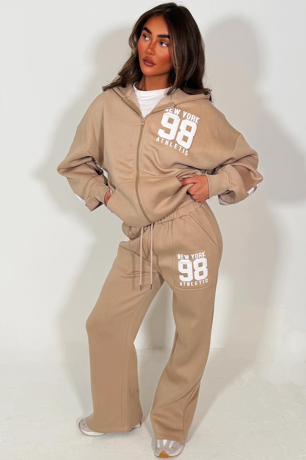 womens new york athletic print zip up hooded sweatshirt and wide leg jogger tracksuit lounge set styledup