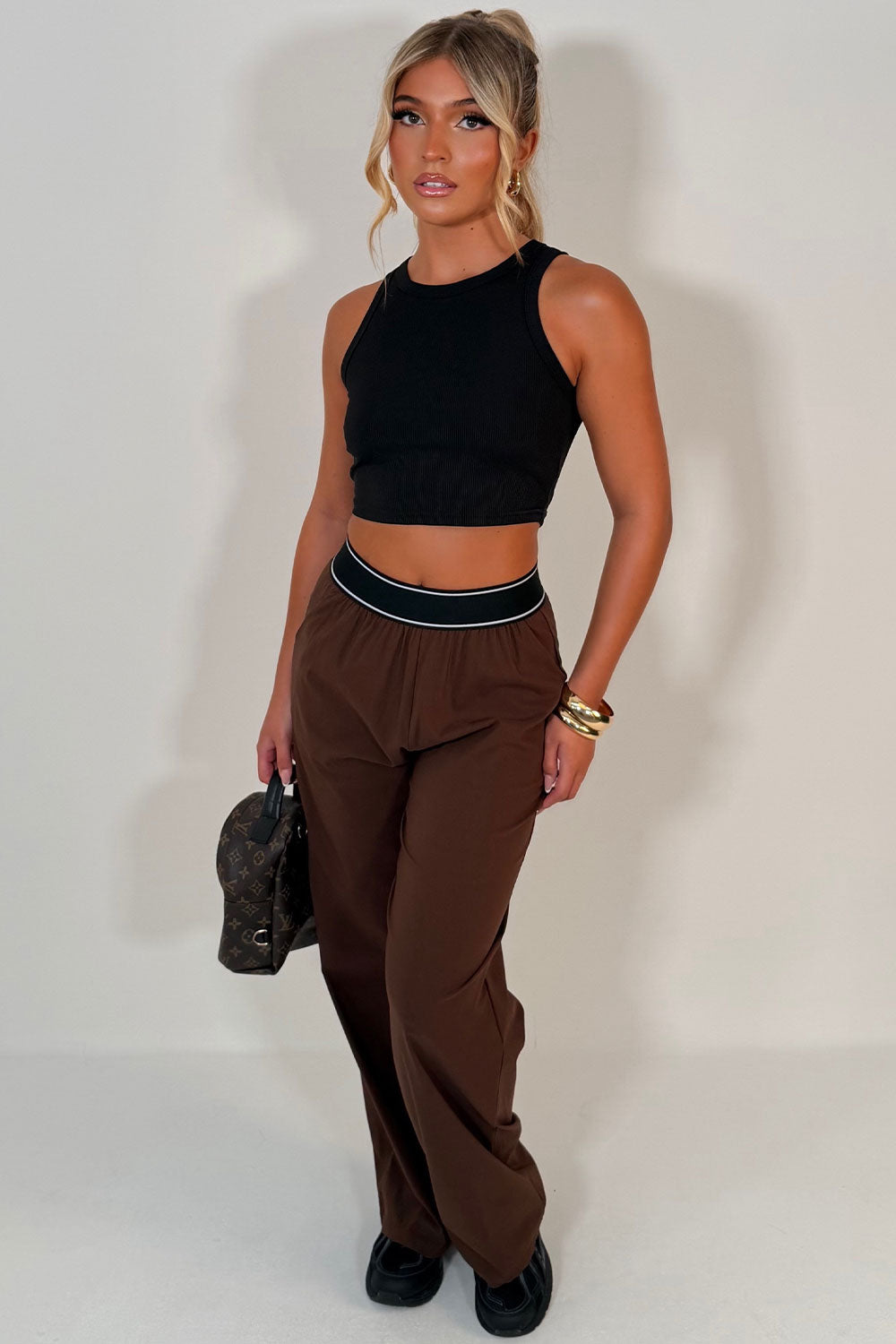 contrast boxer style waistband wide leg womens trousers alo uk inspired
