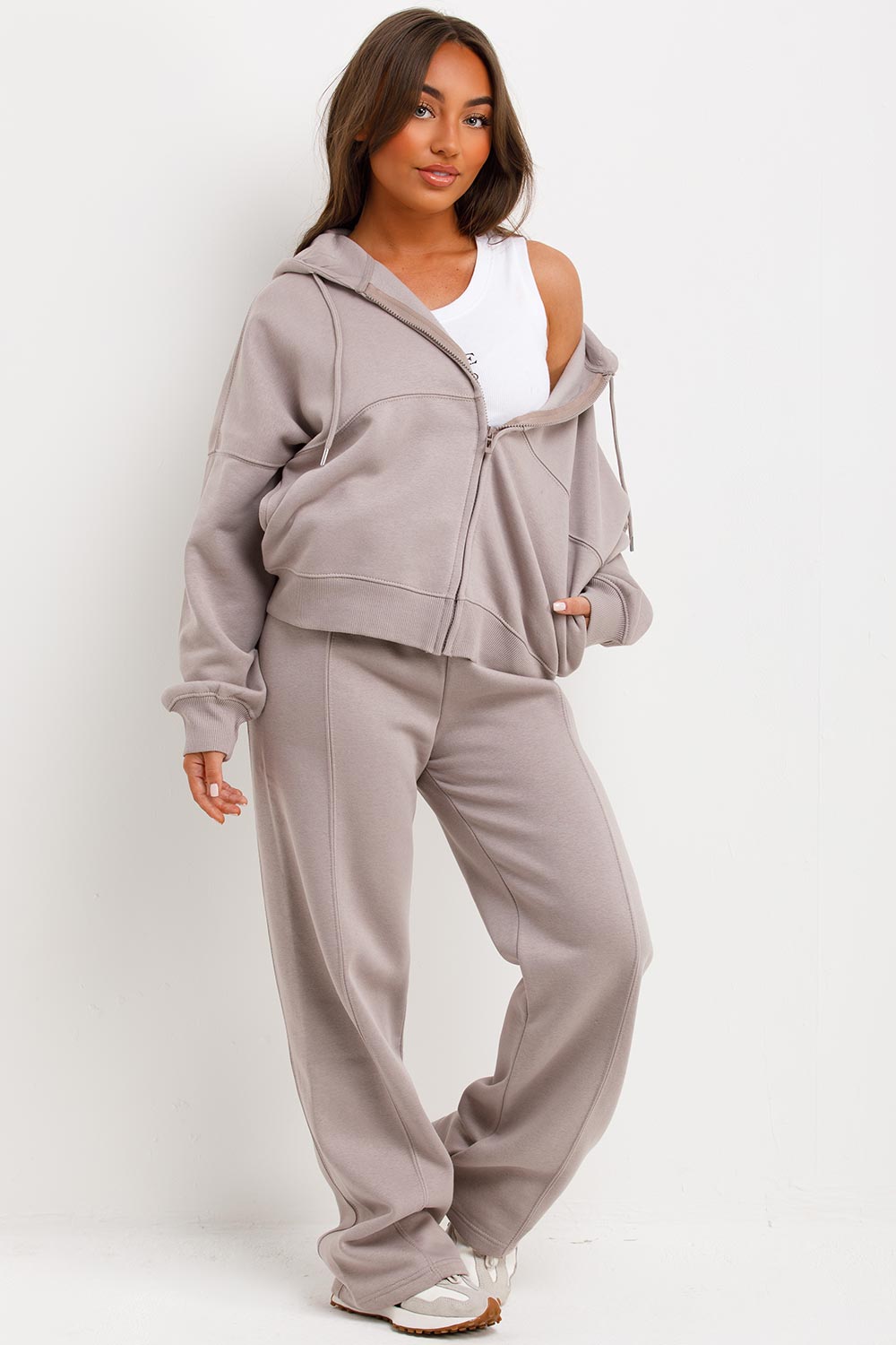 zara womens tracksuit hooded sweatshirt with zip and wide leg trouser jogger set maebe loungewear