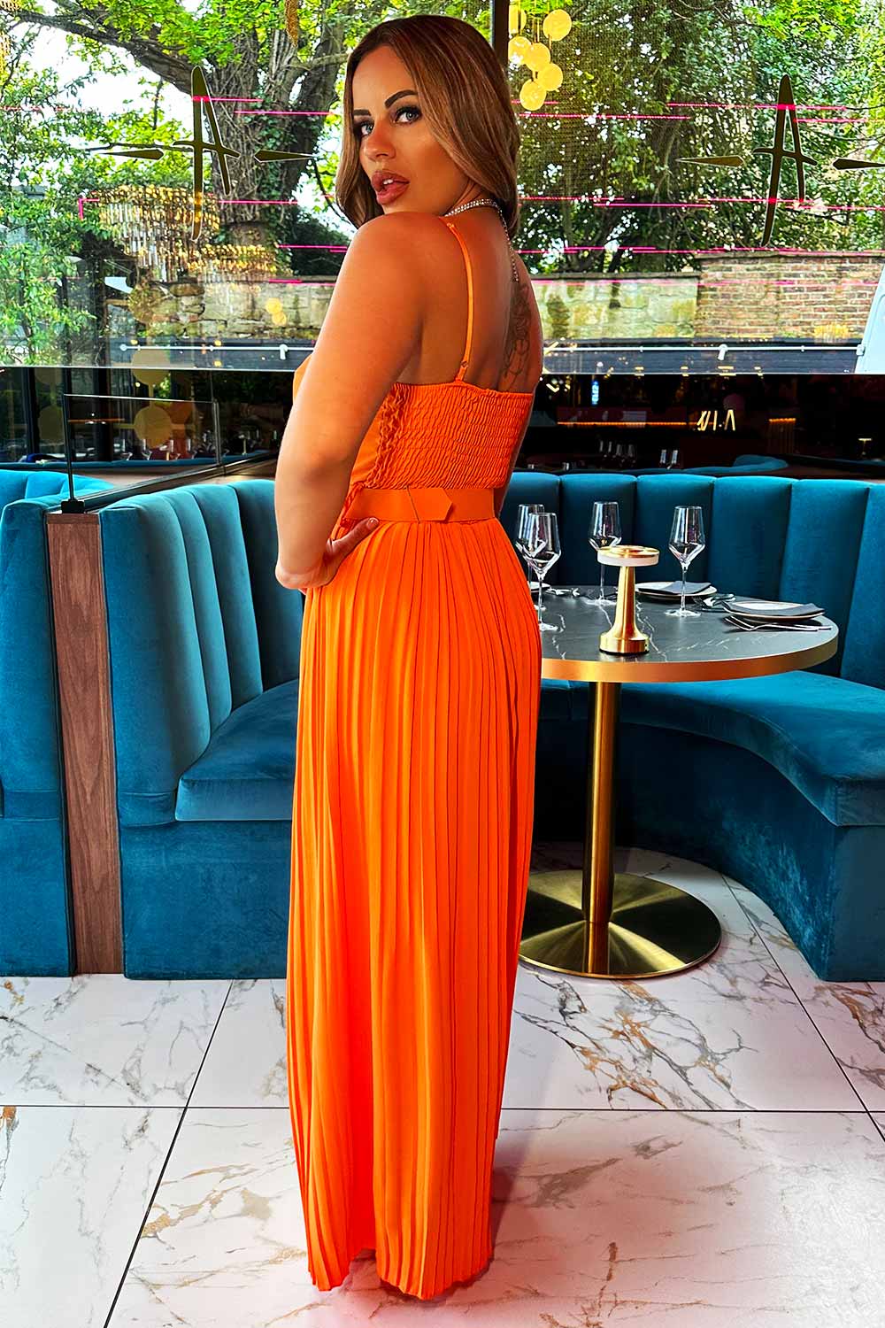 wide leg pleated jumpsuit with belt