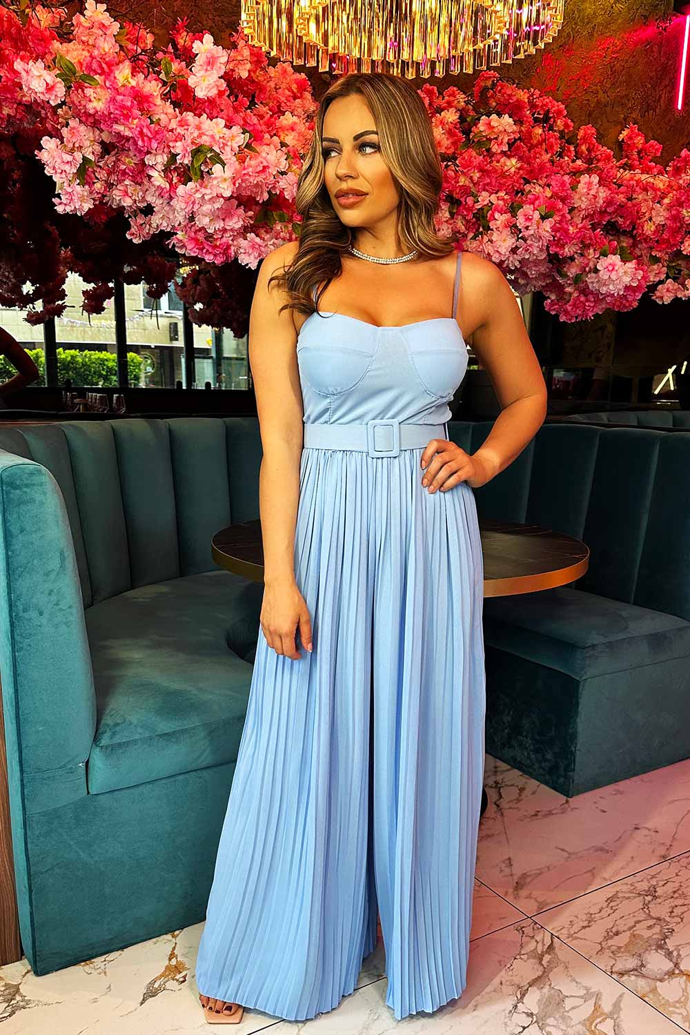 wide leg pleated jumpsuit