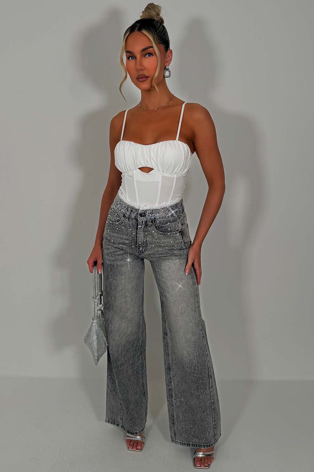 diamante rhinestone relaxed oversize jeans with lace trim womens uk