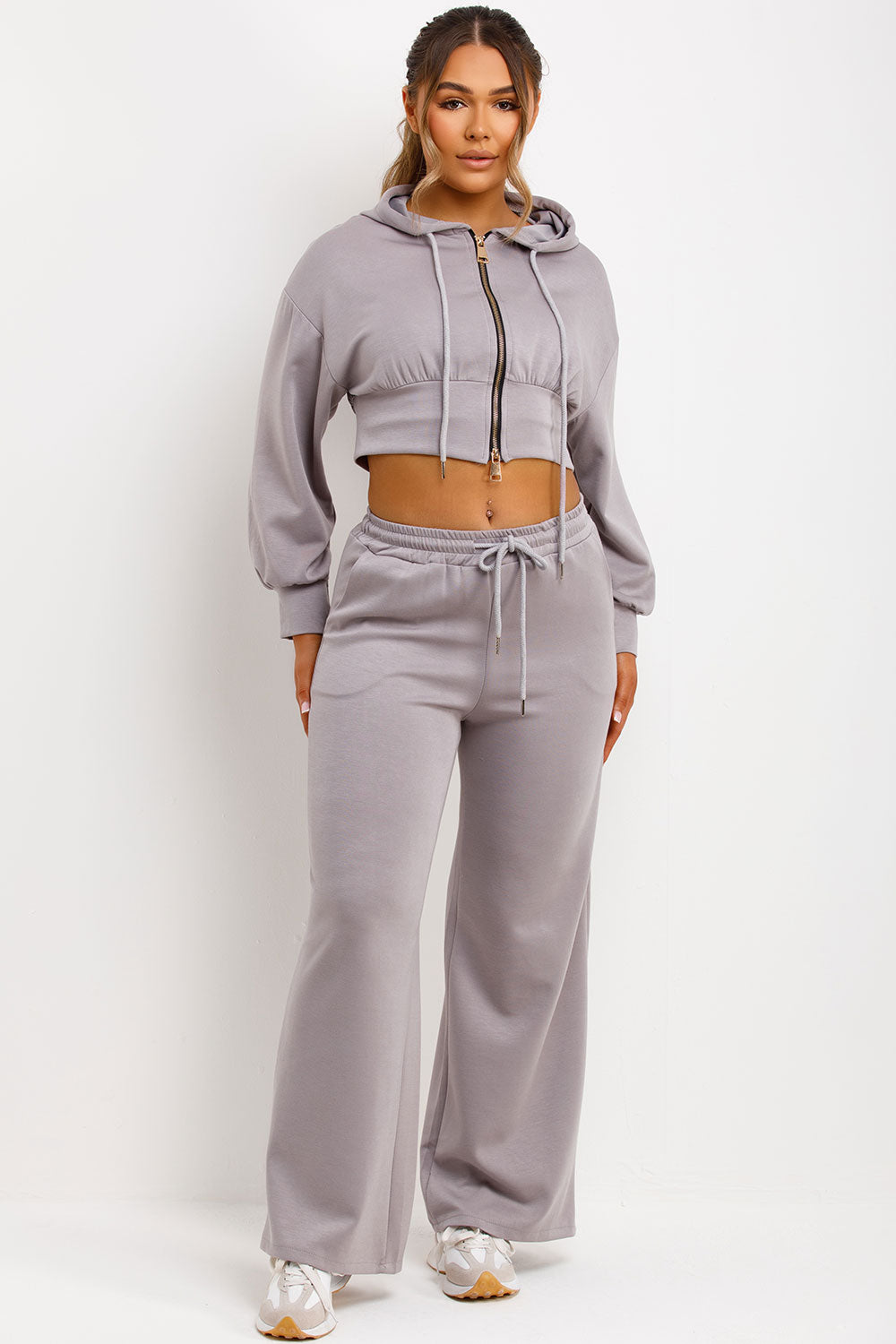 womens crop hoodie and wide leg trousers two piece airport outfit set styledup