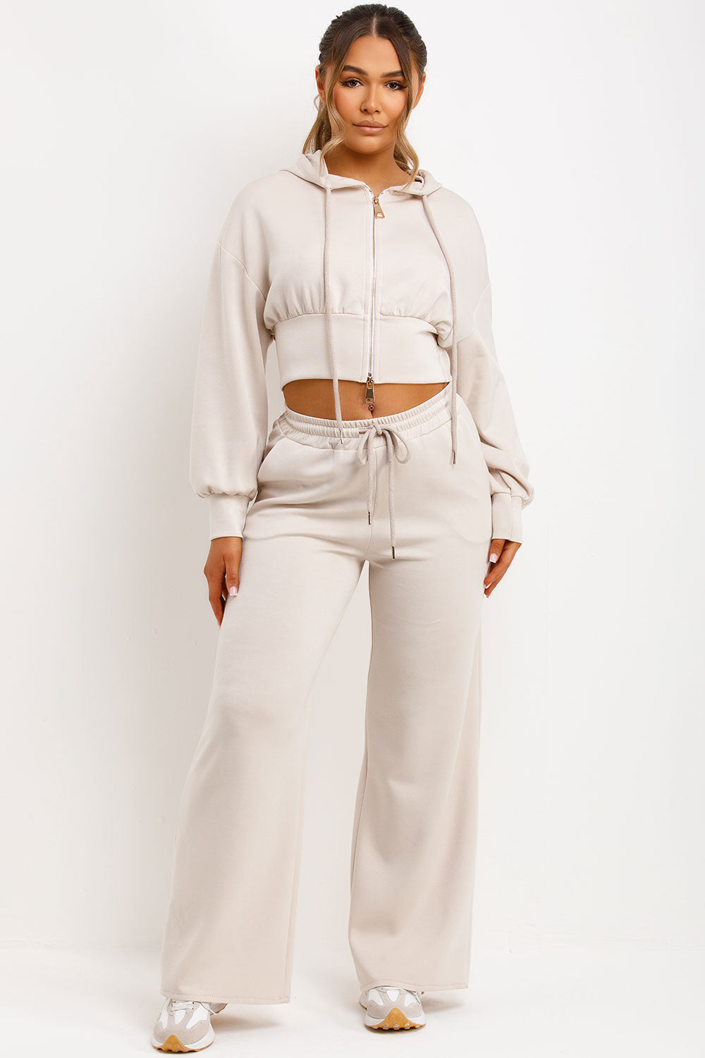wide leg trousers and crop zip up hoodie loungewear set womens airport outfit
