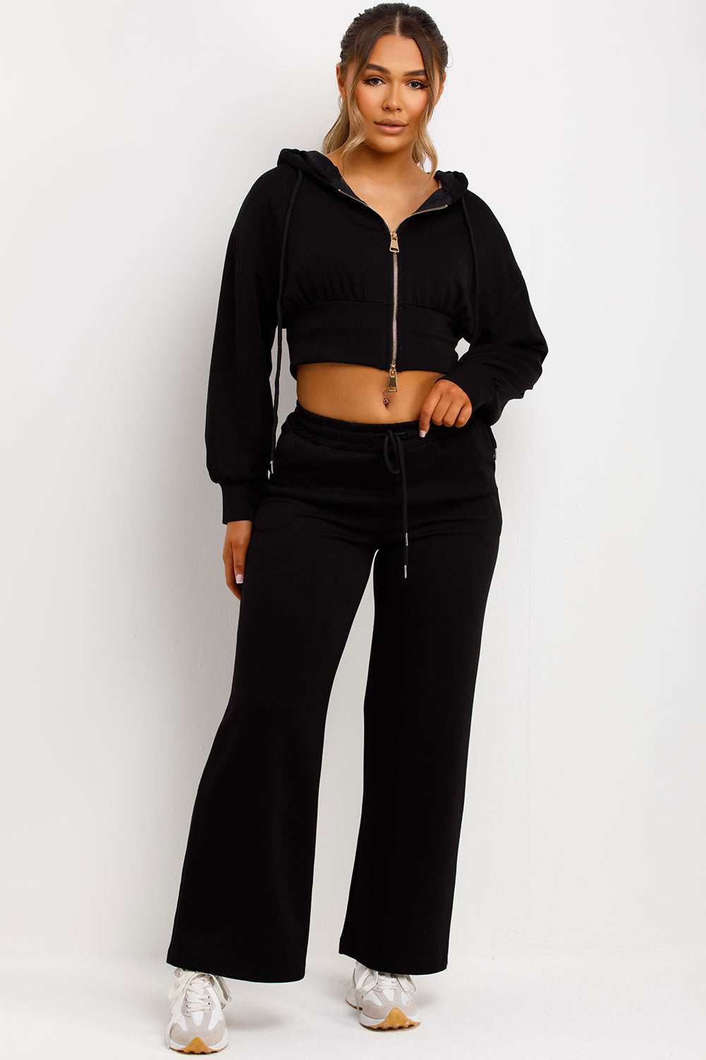 womens crop zip up hoodie and wide leg trousers loungewear set casual outfit styled up