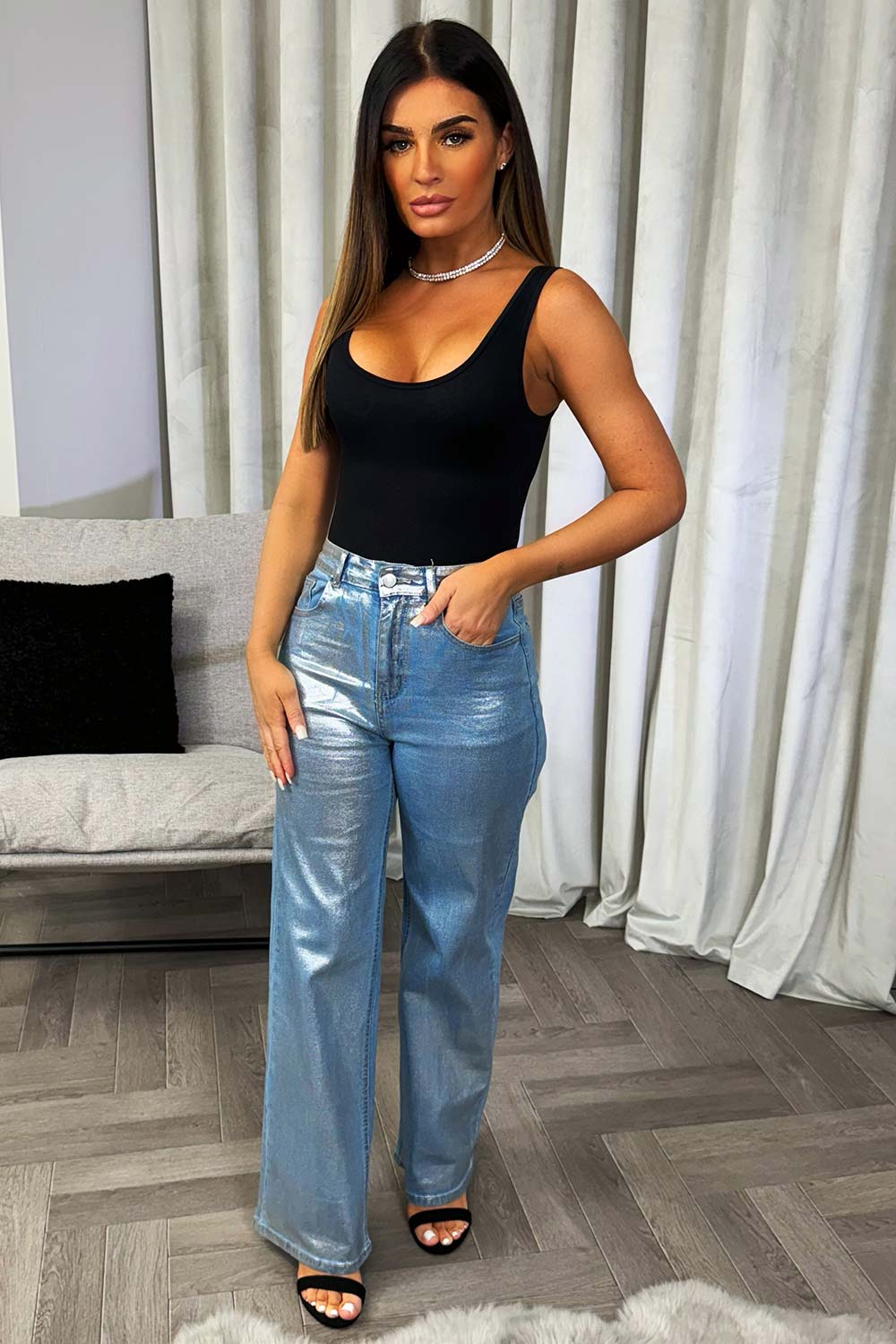 zara womens silver metallic jeans