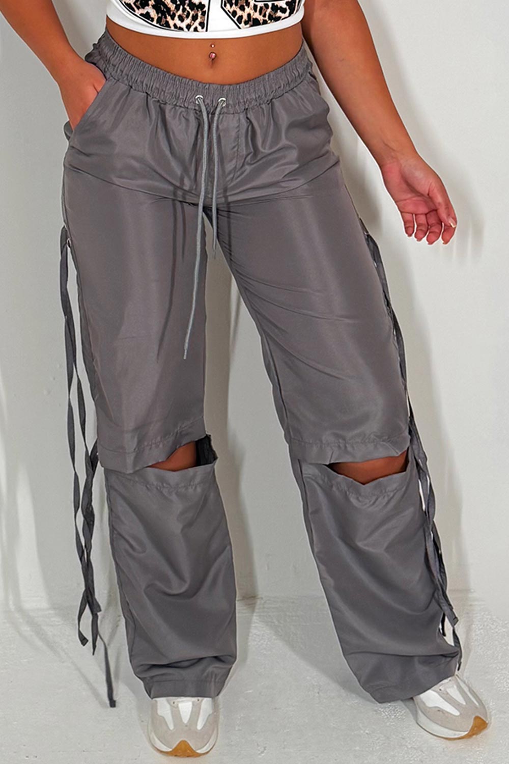 low rise knee rip festival cargo pants