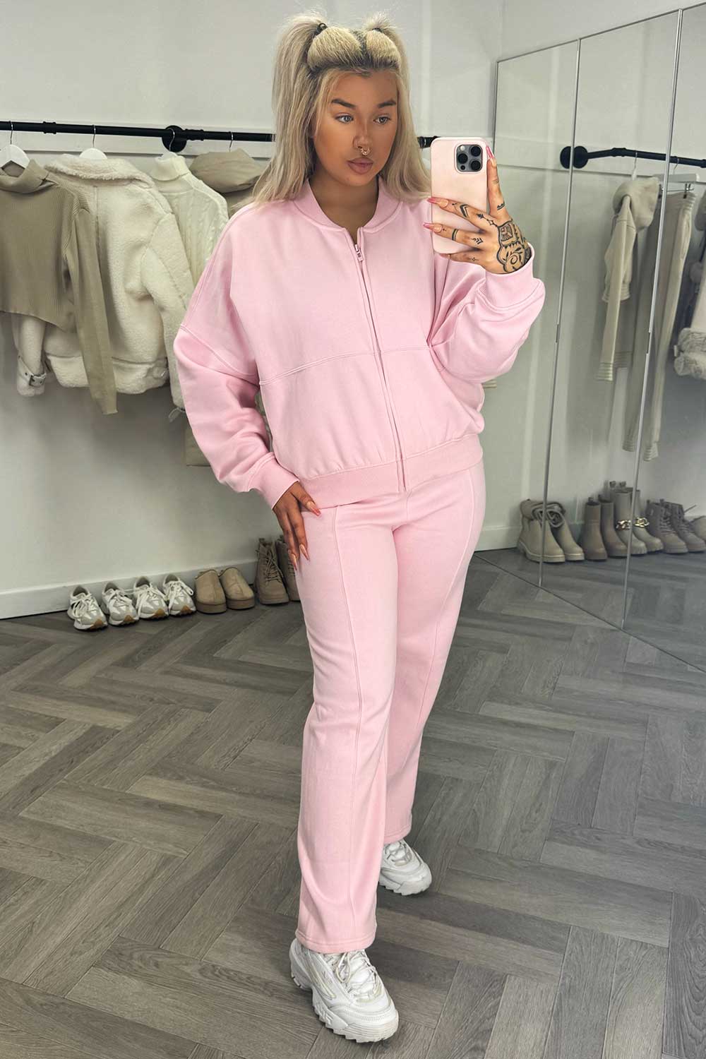 womens zara bomber sweatshirt and straight leg joggers loungewear set