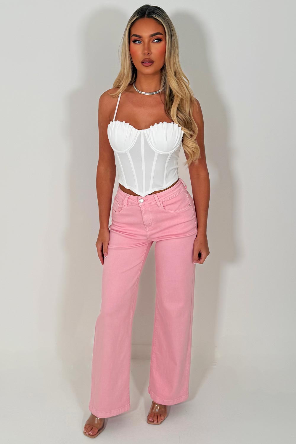 pink high waist wide leg streatchy denim jeans womens zara uk