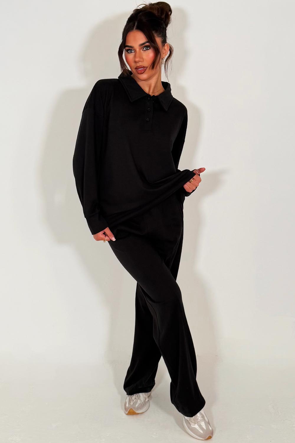 womens loungewear half button up front collared sweatshirt and joggers tracksuit set airport outfit