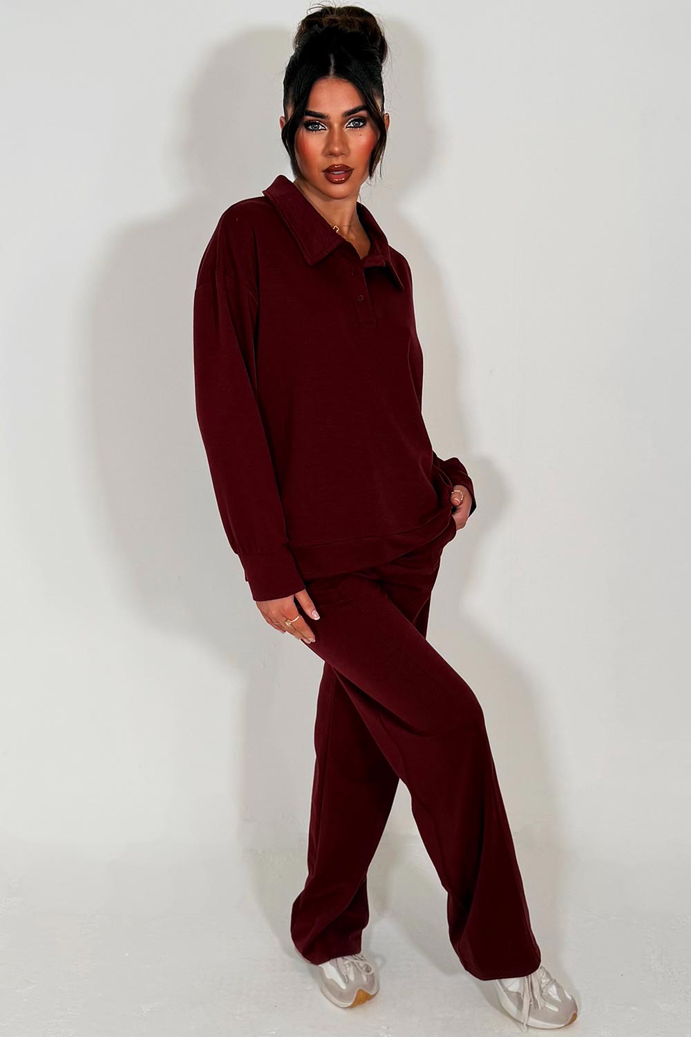 loungewear womens half button up front collared sweatshirt and joggers set airport outfit styledup