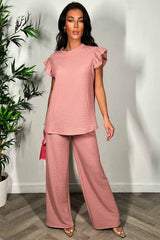 Frill Sleeve Top And Wide Leg Trouser Set Baby Pink Textured