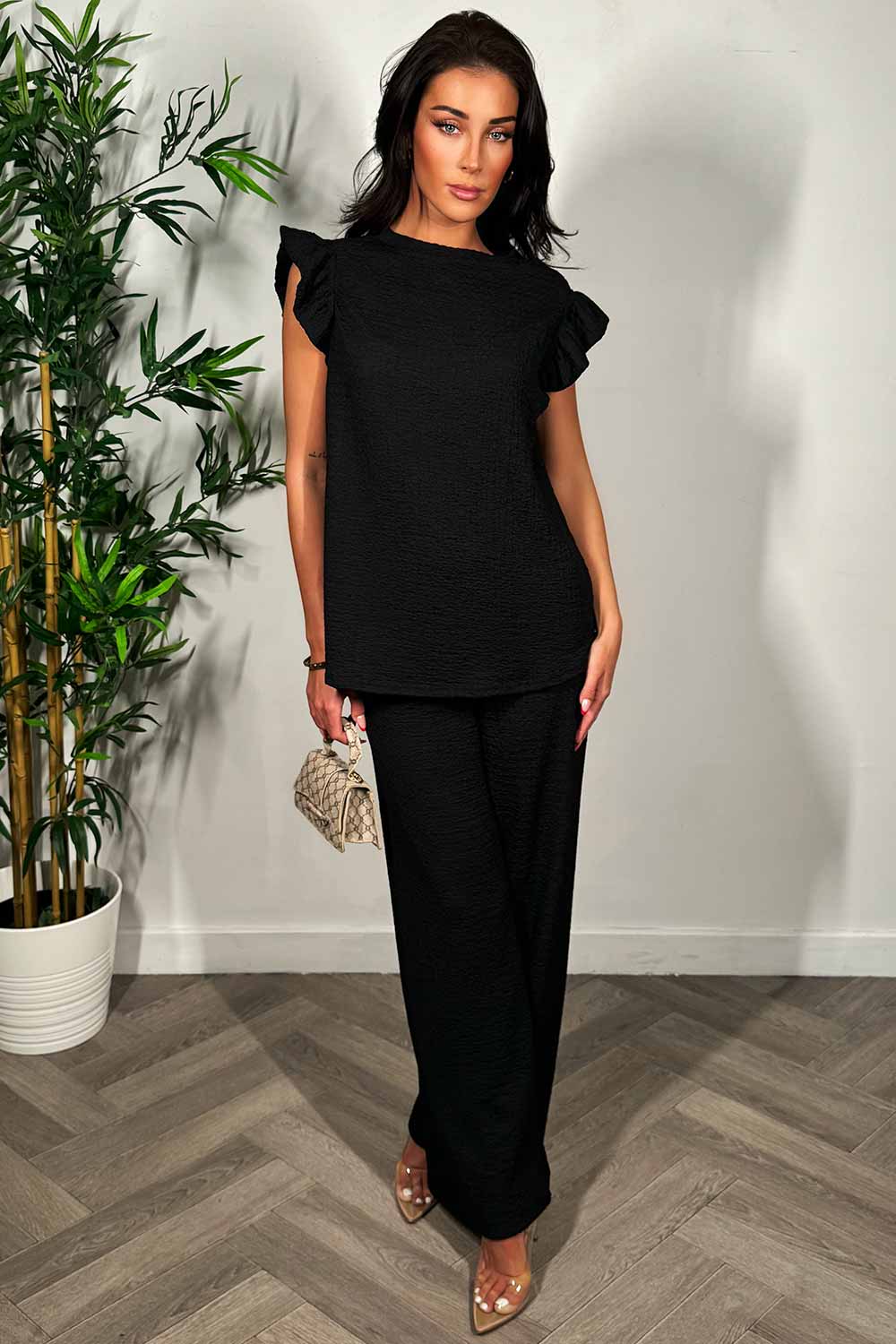 womens crinkle wide leg trousers and frill sleeve top co ord set summer holiday outfit