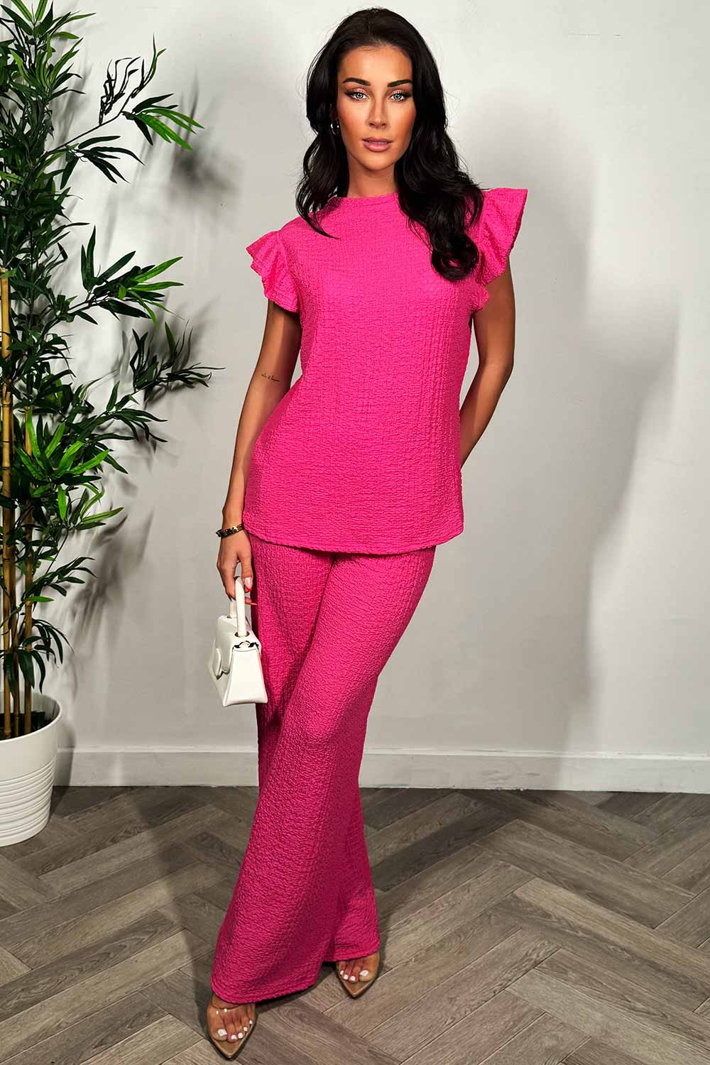 womens frill sleeve top and wide leg trousers two piece set summer holiday outfit