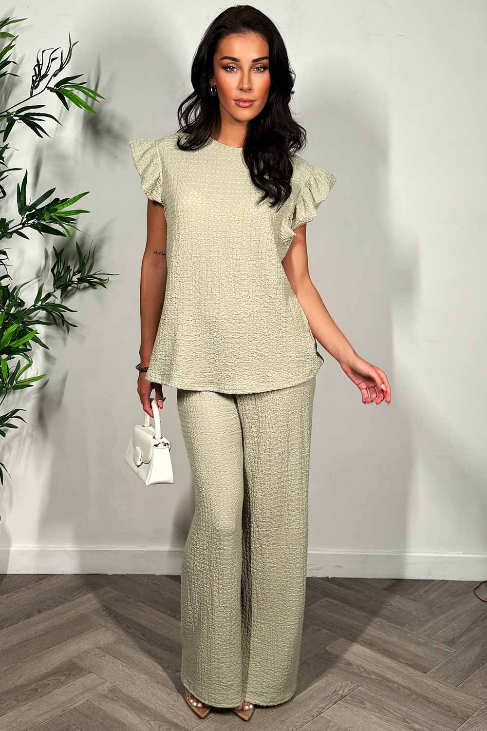 frill sleeve top and trousers two piece set summer holiday outfit