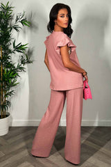 womens frill sleeve top and wide leg trousers two piece set summer holiday outfit