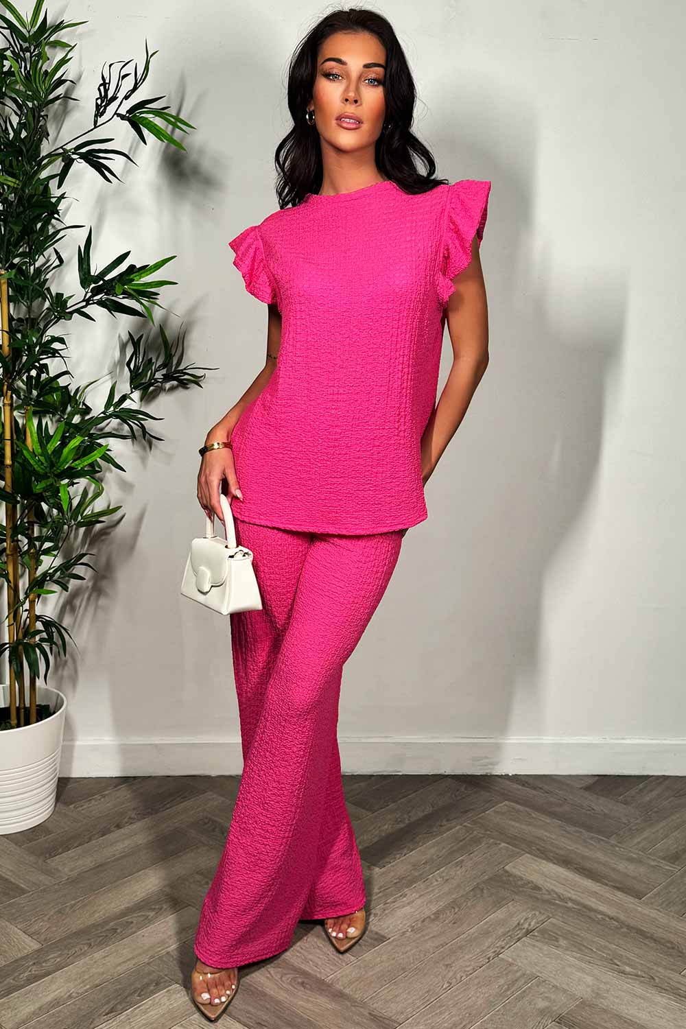 womens frill sleeve top and wide leg trousers two piece outfit summer holiday clothes