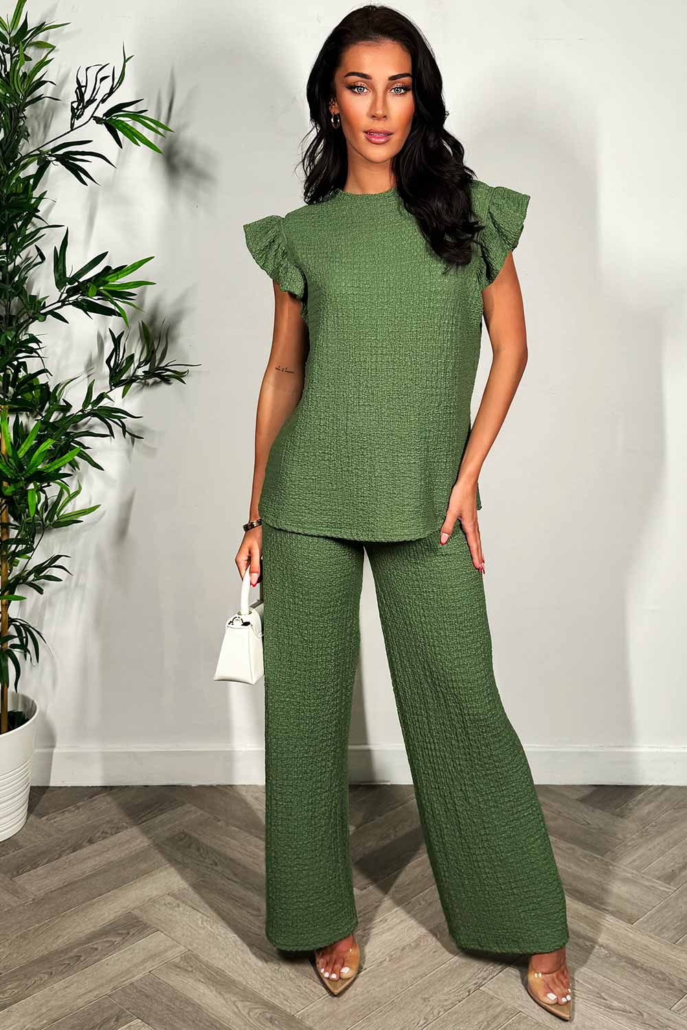 frill sleeve top and wide leg trousers two piece set summer occasion outfit khaki