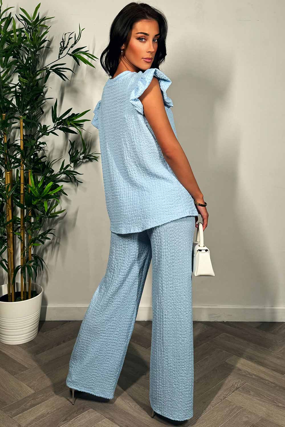 womens frill sleeve top and wide leg trousers two piece set summer holiday outfit