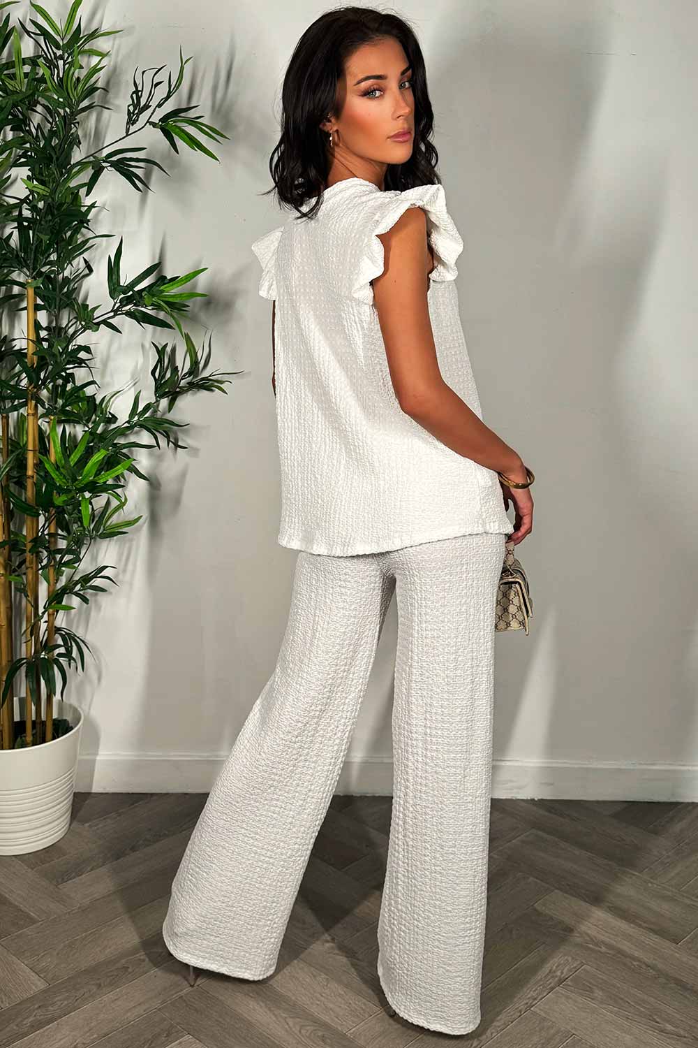 frill sleeve round neck top and wide leg trousers two piece set summer holiday outfit