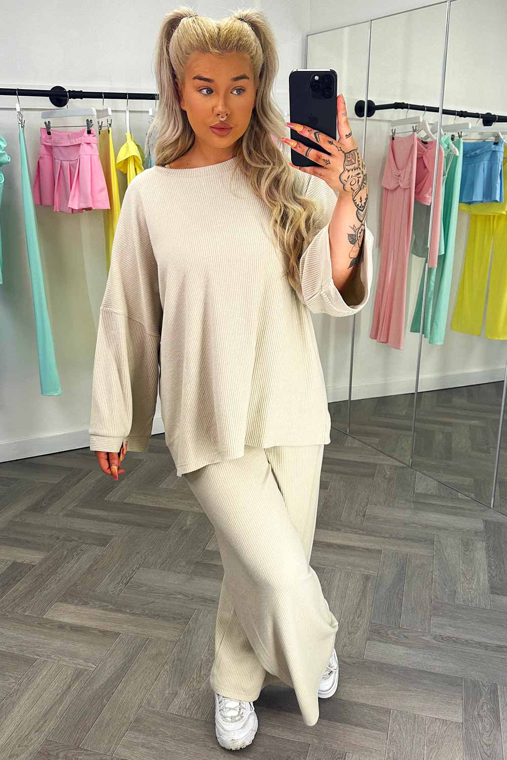 womens ribbed long sleeve drop shoulder oversized top and wide leg trousers loungewear set