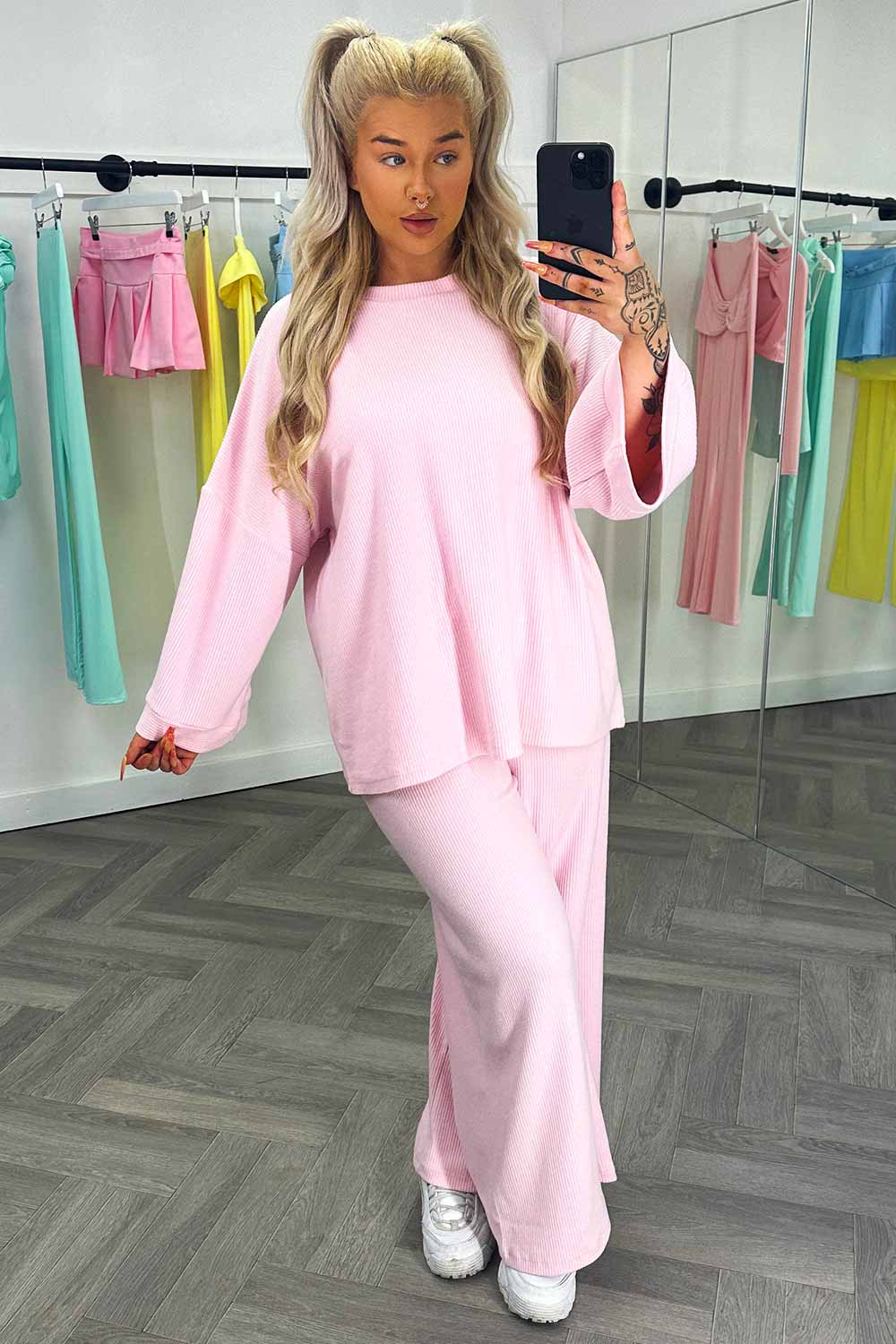 rib long sleeve drop shoulder top and wide leg trousers loungewear co ord