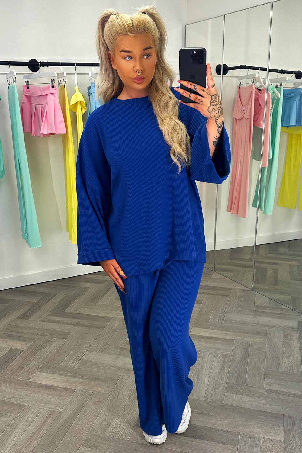 royal blue rib top and wide leg trousers co ord loungewear set uk