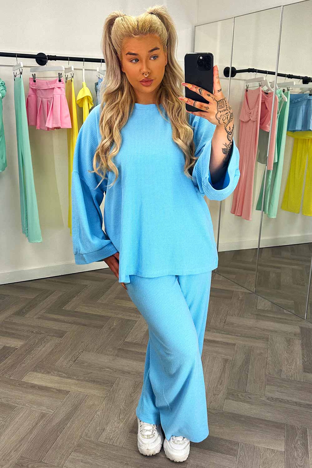 rib long sleeve oversized top and wide leg trousers loungewear set