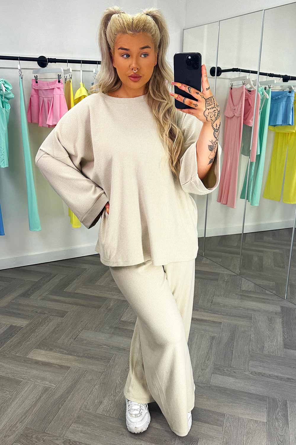 womens rib oversized long sleeve top and wide leg trousers summer loungewear set