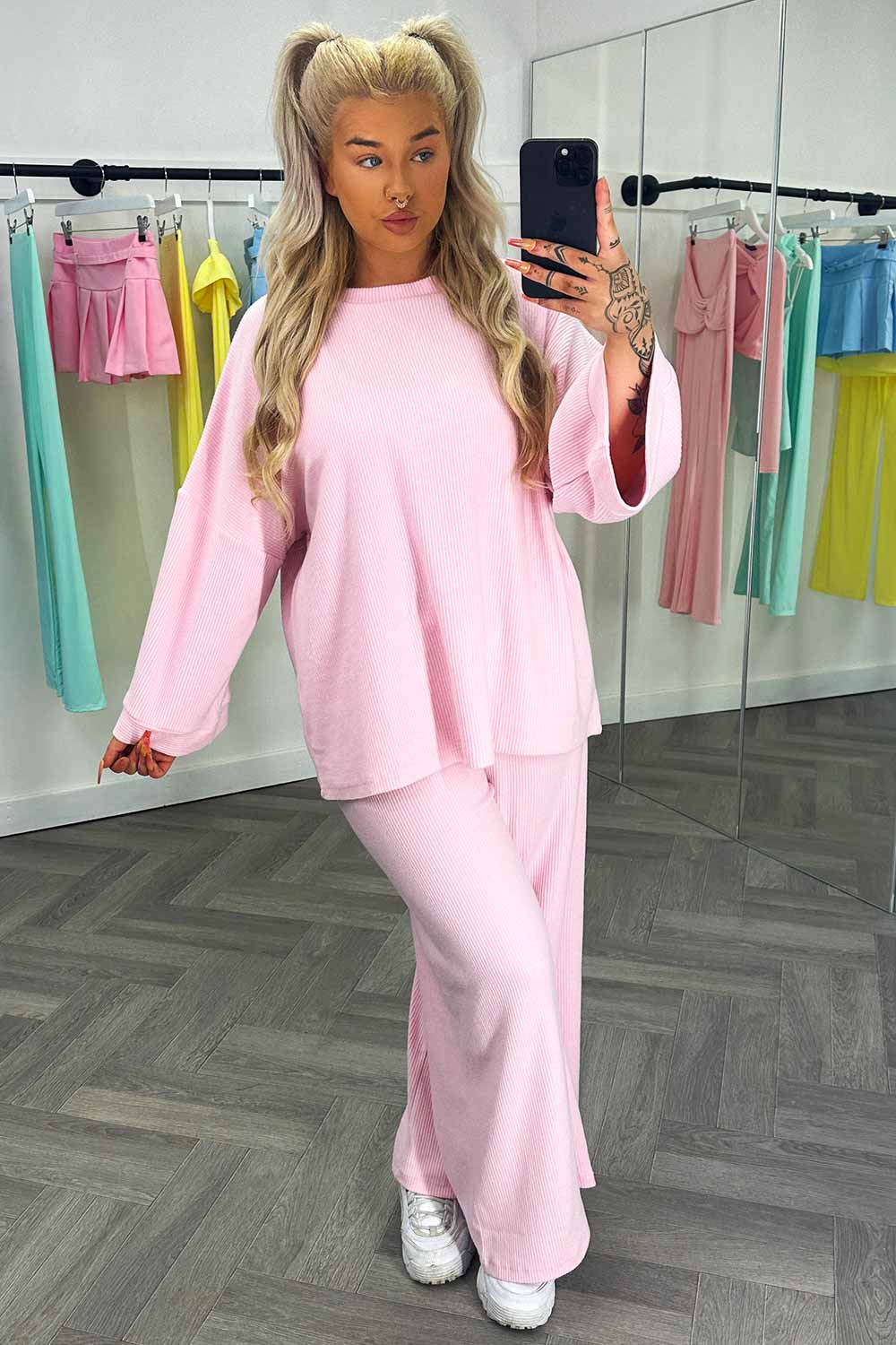 rib long sleeve drop shoulder top and wide leg trousers two piece set