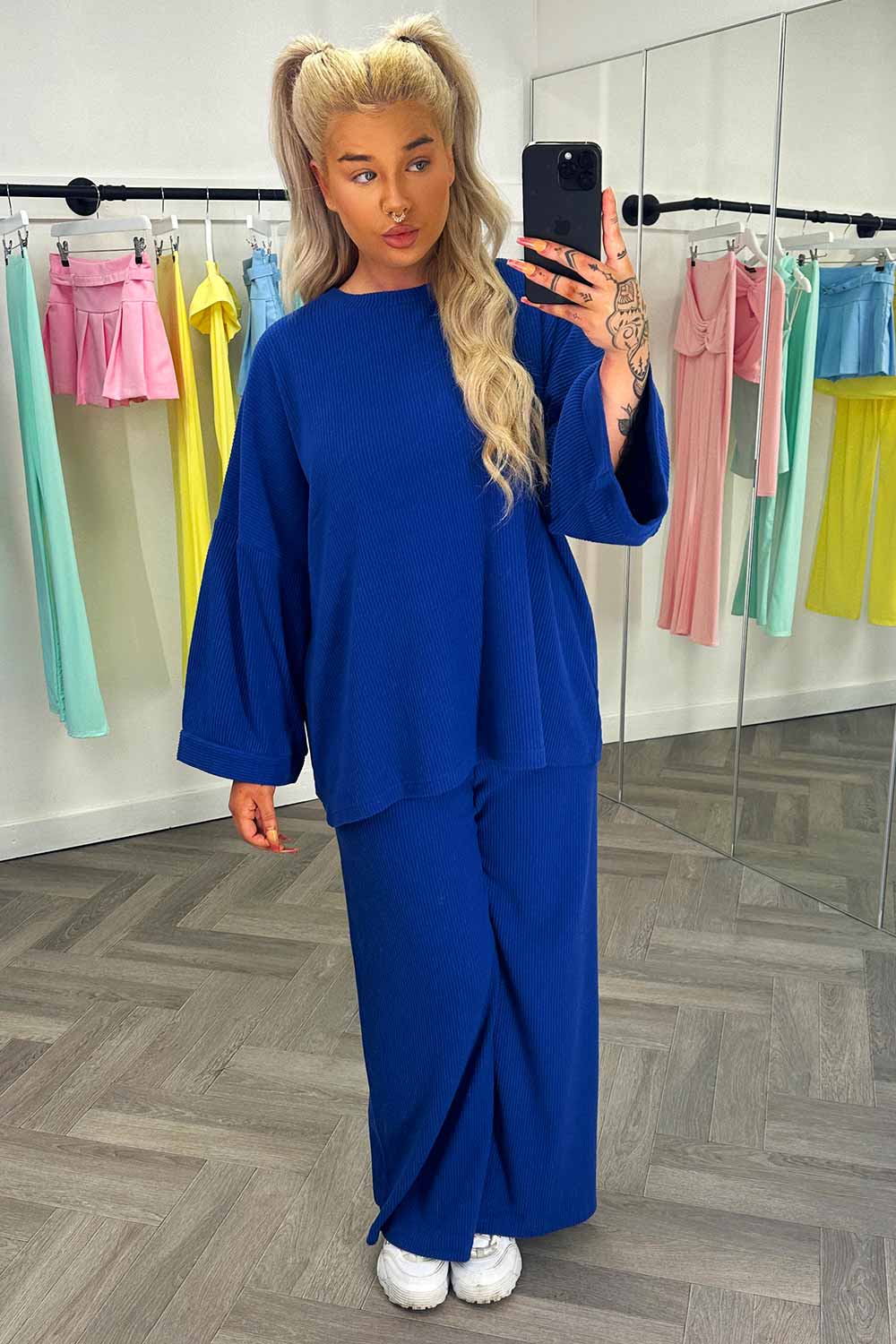 oversized rib and wide leg trousers two piece loungewear set womens