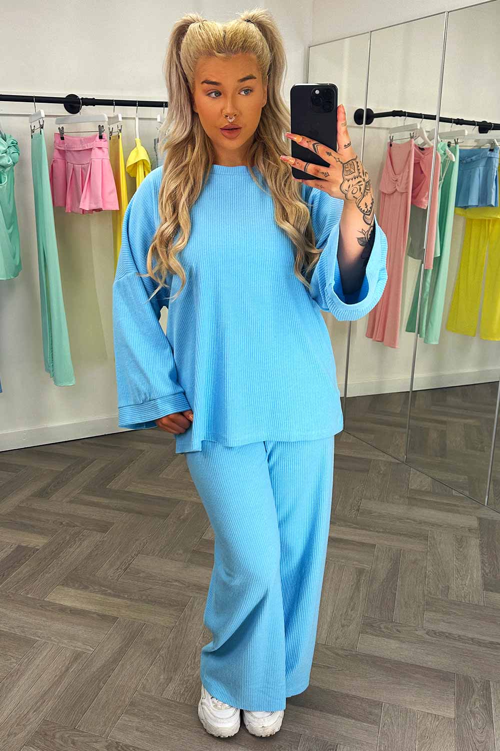 rib long sleeve oversized top and wide leg trousers two piece loungewear set