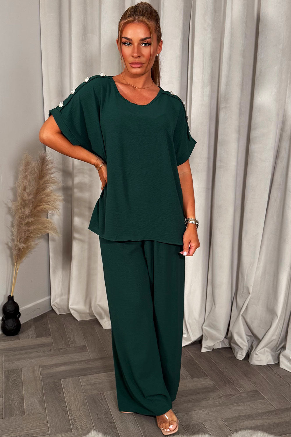 gold button shoulder top and trousers co ord set christmas party outfit