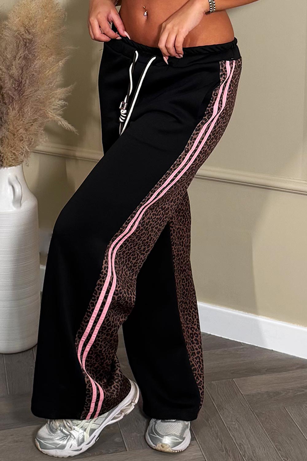 black wide leg joggers with leopard print back pink side stripes womens loungewear styledup