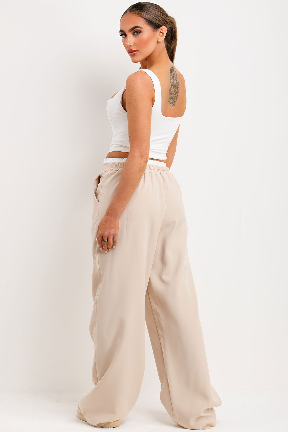 womens wide leg trousers with drawstring waist and boxer detail trim