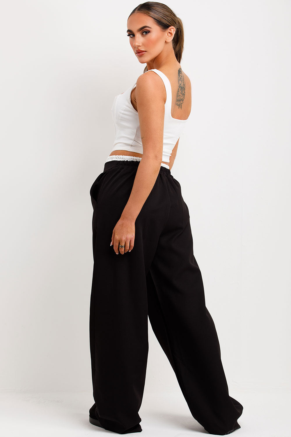 womens wide leg trousers with drawstring waist contrast boxer detail trim