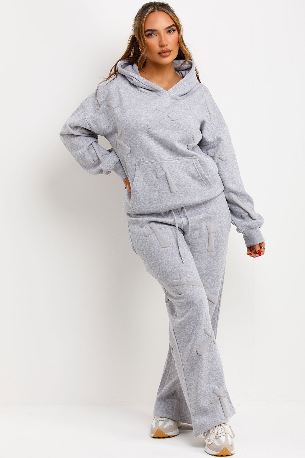 womens hoodie and joggers tracksuit set with bubble puffed up crosses styled up