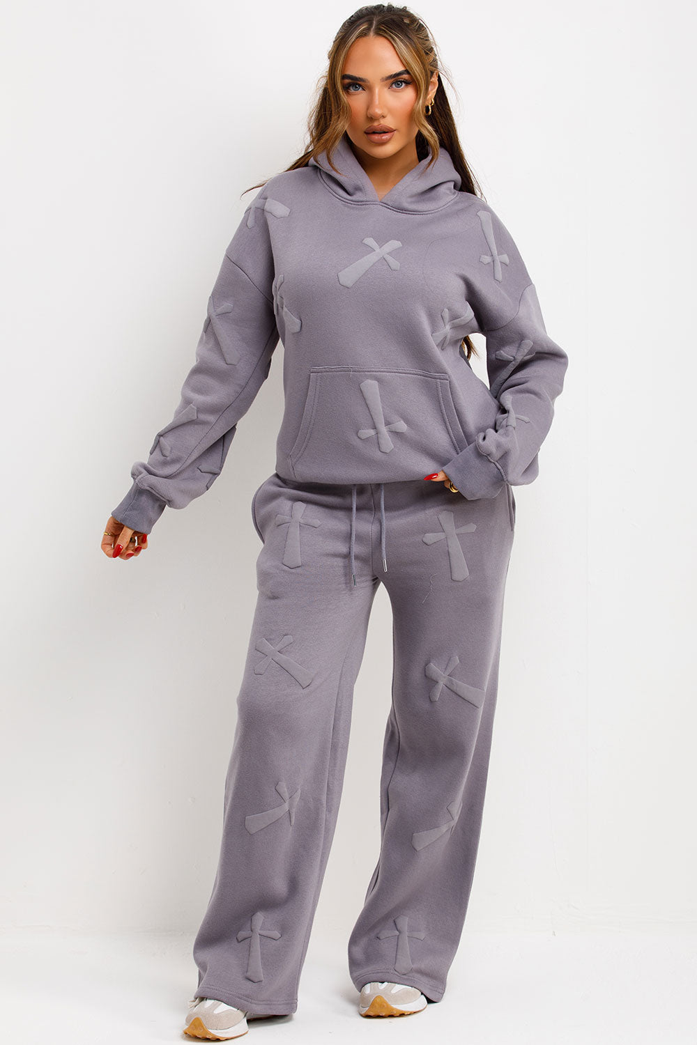 womens hoodie and joggers tracksuit set with bubble puffed up crosses styled up