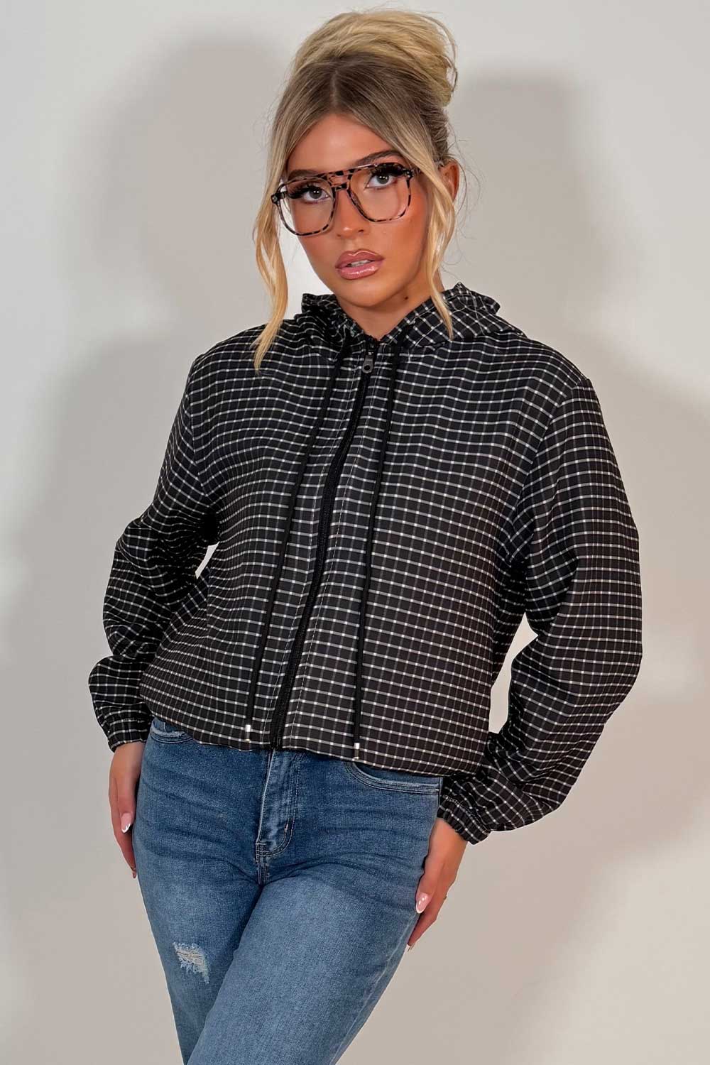 womens black checked jacket with hood styledup uk