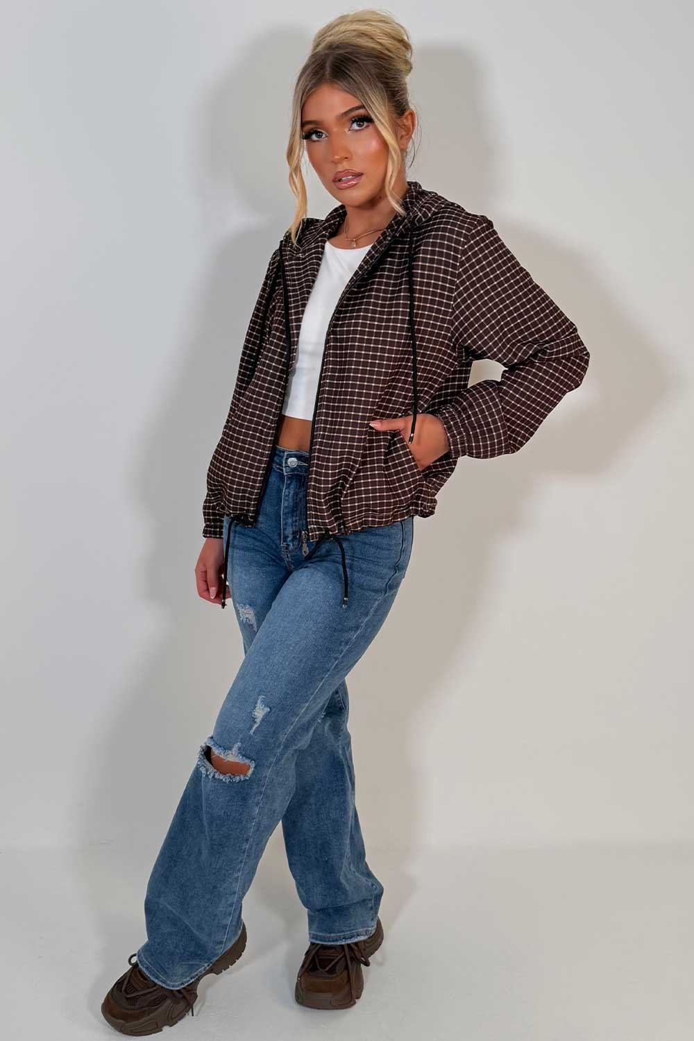 womens brown checked jacket with hood styledup uk