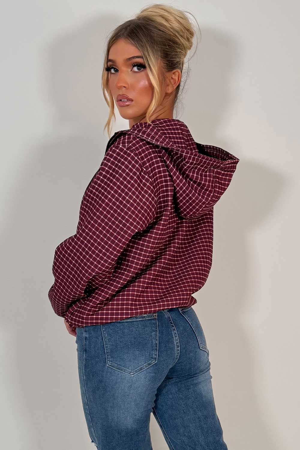 womens checked jacket with hood long sleeves drawstring hem styledup uk