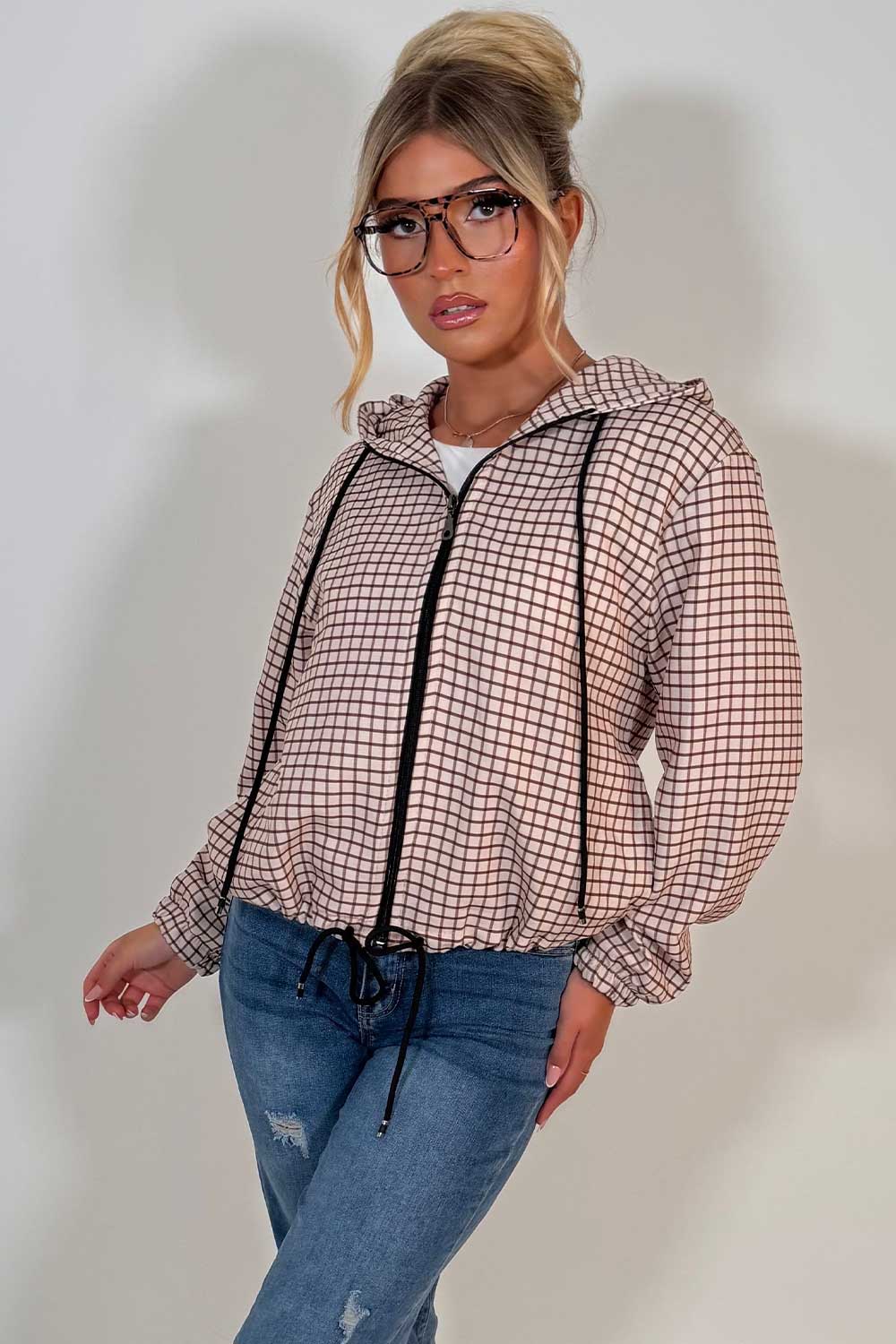 womens checked jacket with hood long sleeves drawstring hem styledup uk
