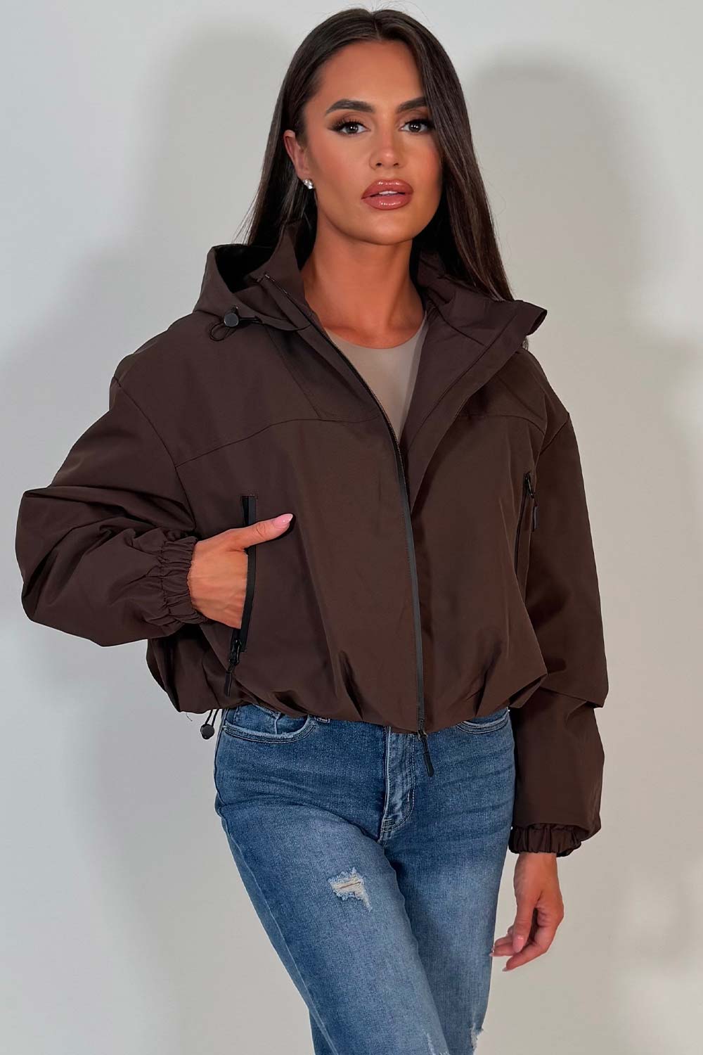 womens brown padded jacket with hood weather resistant