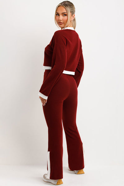 Red Stripe Drop Shoulder Long Sleeve Top Lounge Pants 2pcs Set