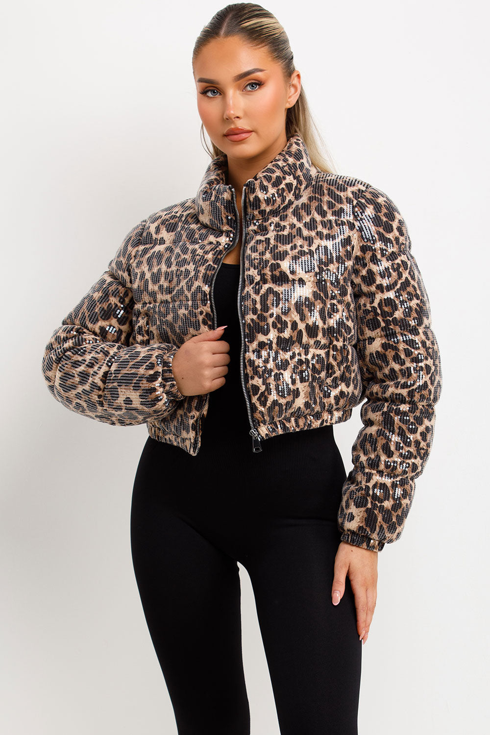 sequin leopard print puffer jacket womens